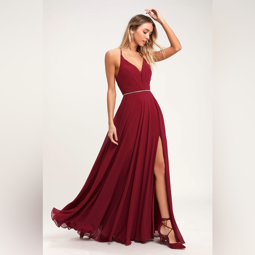 Lulus-She's Gorgeous Wine Red Lace-Up Rhinestone Maxi Dress (Size:2)